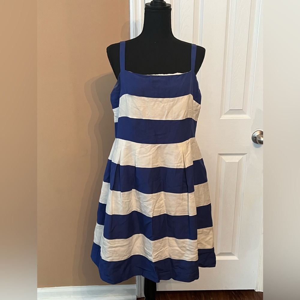 LOFT Fashion Women's Blue White Stripe Linen Blend Dress Size 10